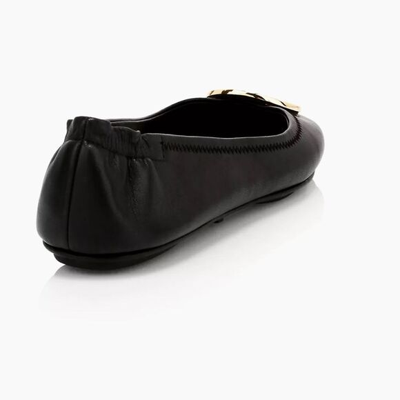 Tory Burch Iconic Black Leather Flats Silver Tone Logo Plate sz 8 Luxury Elegant - Picture 4 of 13